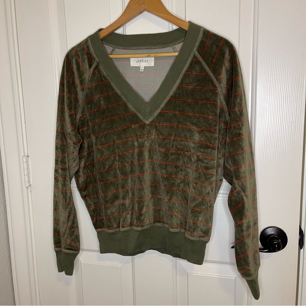The Great Army Green Orange Pin Stripe The Velour V-Neck Sweatshirt Sz 0 Preppy